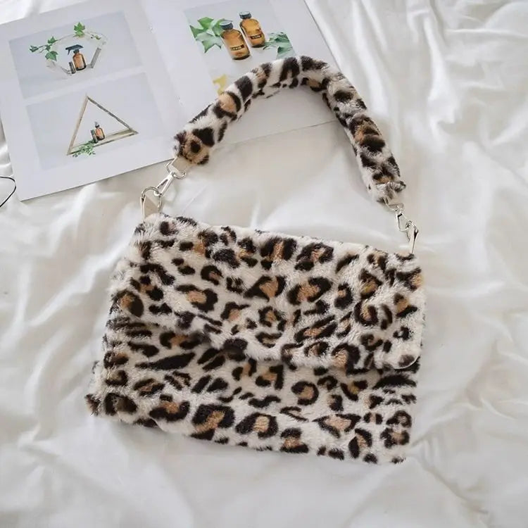 qgtao Lovely Pink Leopard Print Girls Furry Handbags Small Tote Soft Plush Women Large Shoulder Bag Fashion Ladies Crossbody Bags