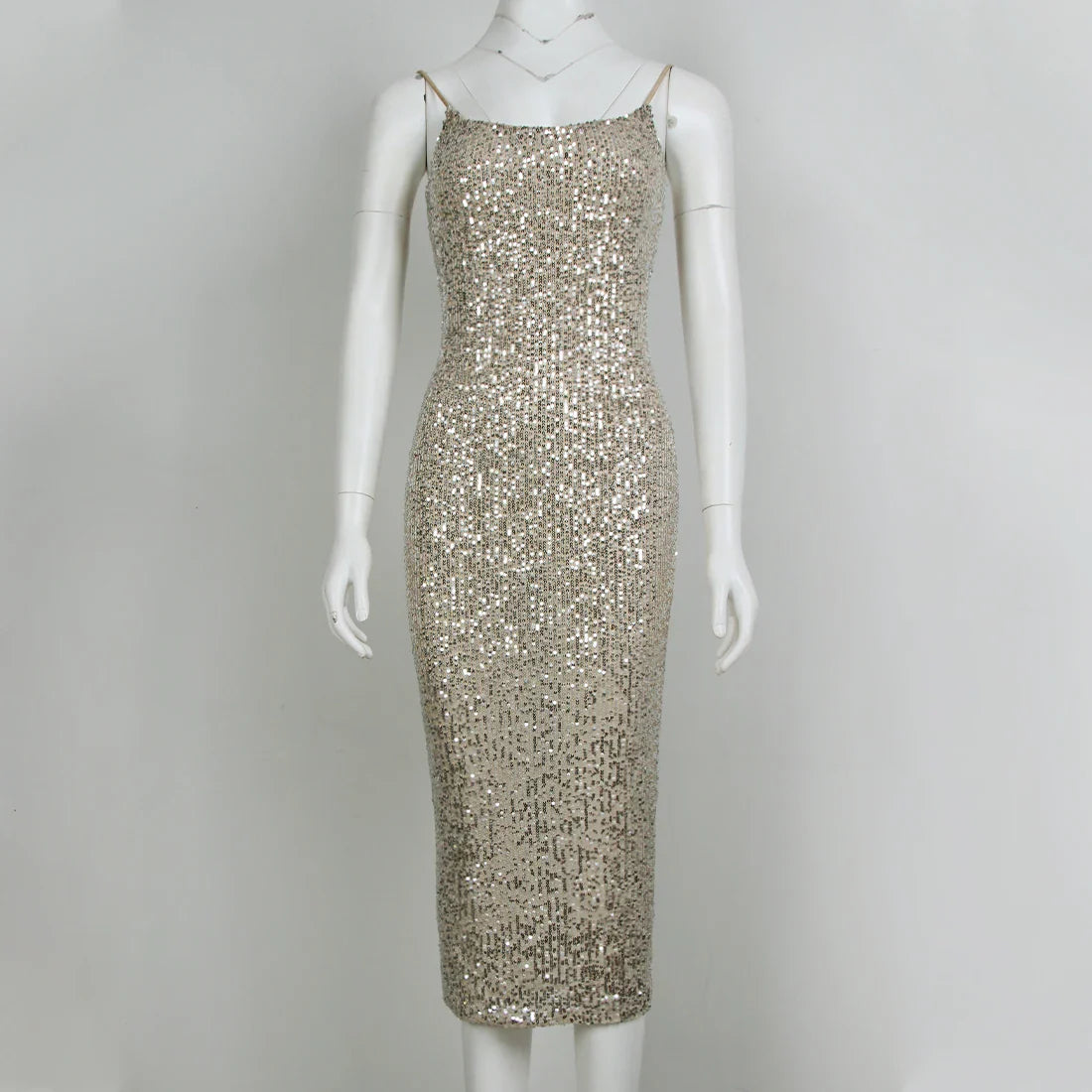 qgtao New Fashion Sequined Spaghetti Strap Sexy Backless Bodycon Midi Dress For Women Evening Party Vestidos