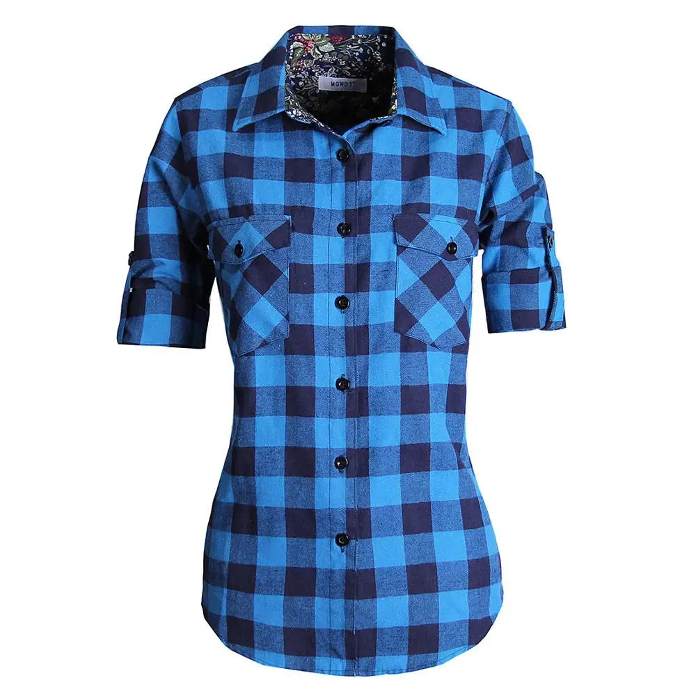 qgtao Women Tops Collared Button Down shirts Ladies Blouses Roll up Long Sleeve Western Tartan Plaid Flannel Shirt Hot Sale plus size