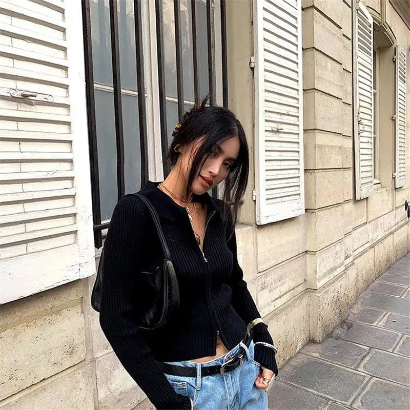 Sexy Double Zipper Cardigan Women Autumn Long Sleeve Stretch Ribbed Knitted Sweater Female White Jumper Blusa De Frio Feminina