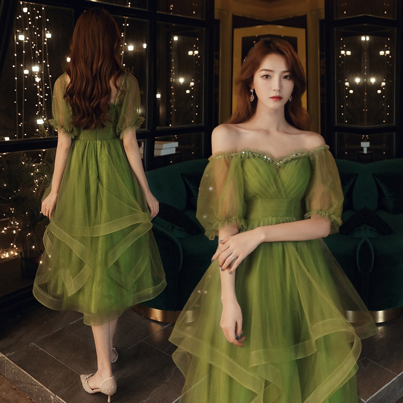New sweat grass green midcalf lady girl women princess banquet bridesmaid performance dance ball dress gown free ship