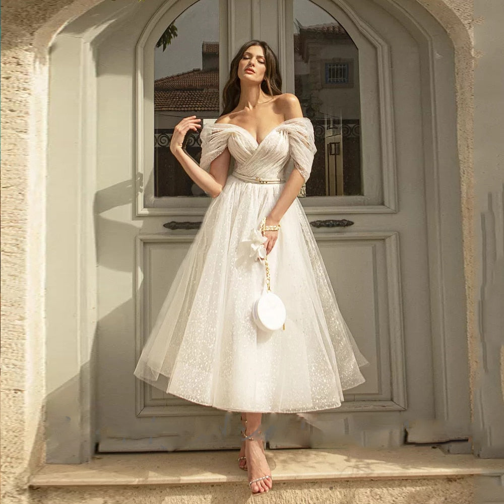 qgtao Bling Glittter Boho Wedding Dresses For Women 2022 Sweetheaart Tulle Point Net Tulle Beach Short Bridal Gown Cheap Civil