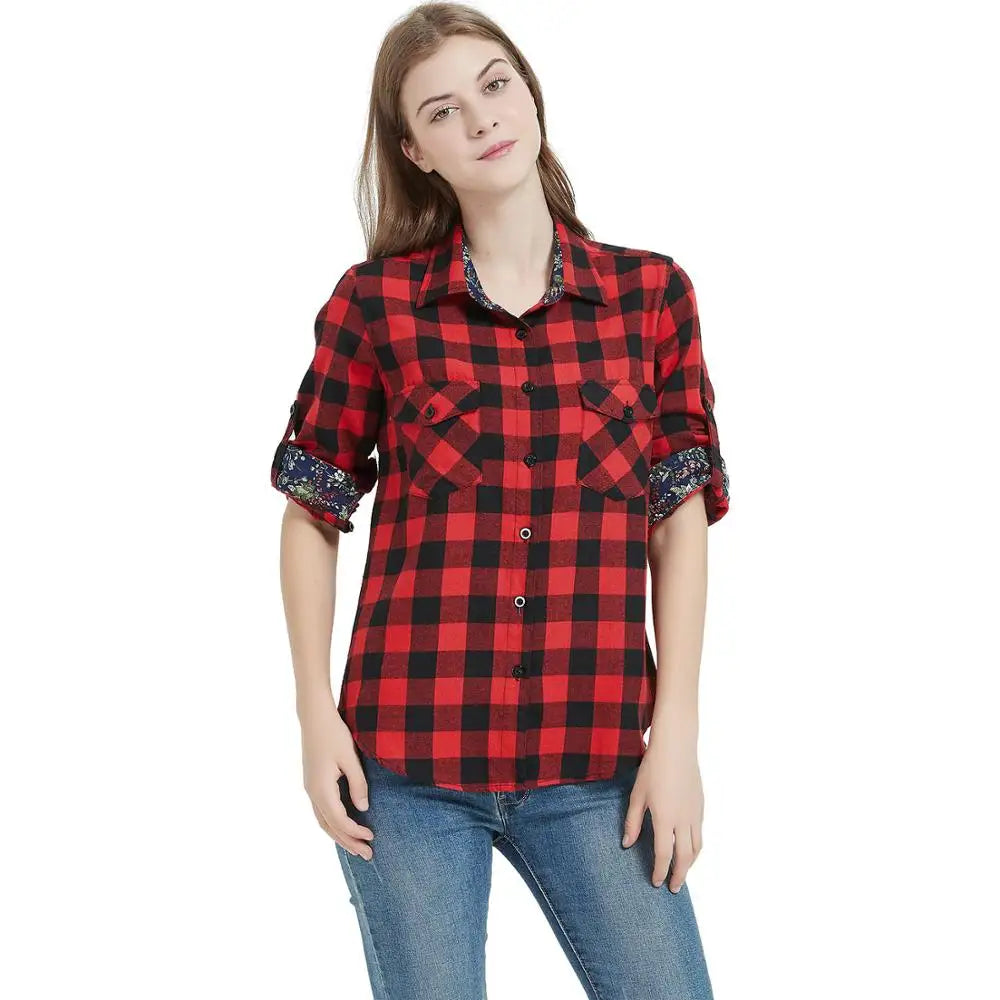qgtao Women Tops Collared Button Down shirts Ladies Blouses Roll up Long Sleeve Western Tartan Plaid Flannel Shirt Hot Sale plus size