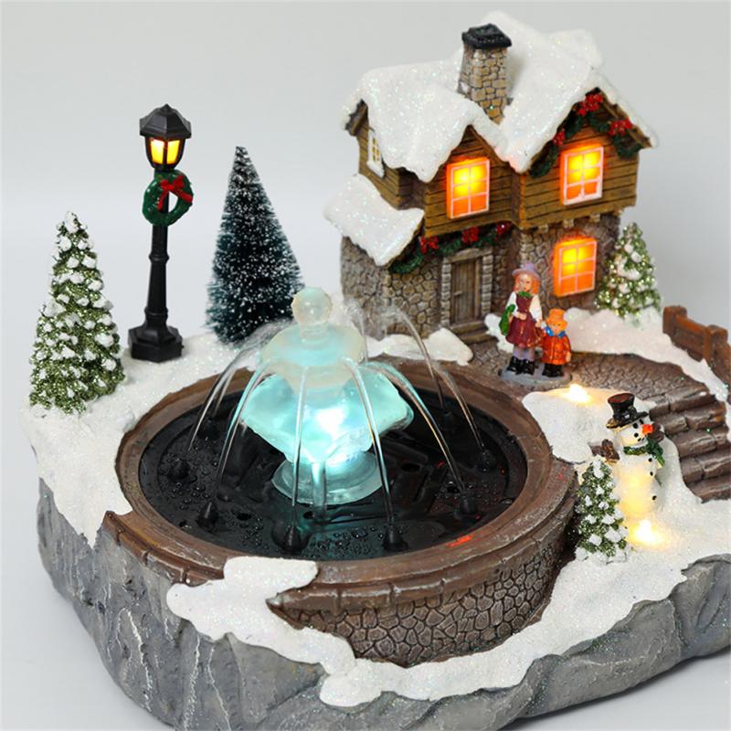 Christmas Village Ornaments Santa Claus Snow House Luminous LED Light Up Music Xmas Tree Water Fountain Xmas New Year Home Decor