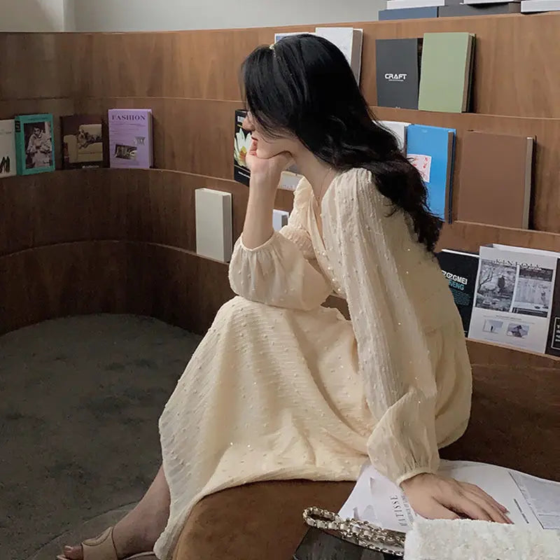 qgtao Elegant Vintage Dress Women Sequin Long Sleeve Designer Party Midi Dress Casual Slim Korean Dress Women's Clothing Autumn