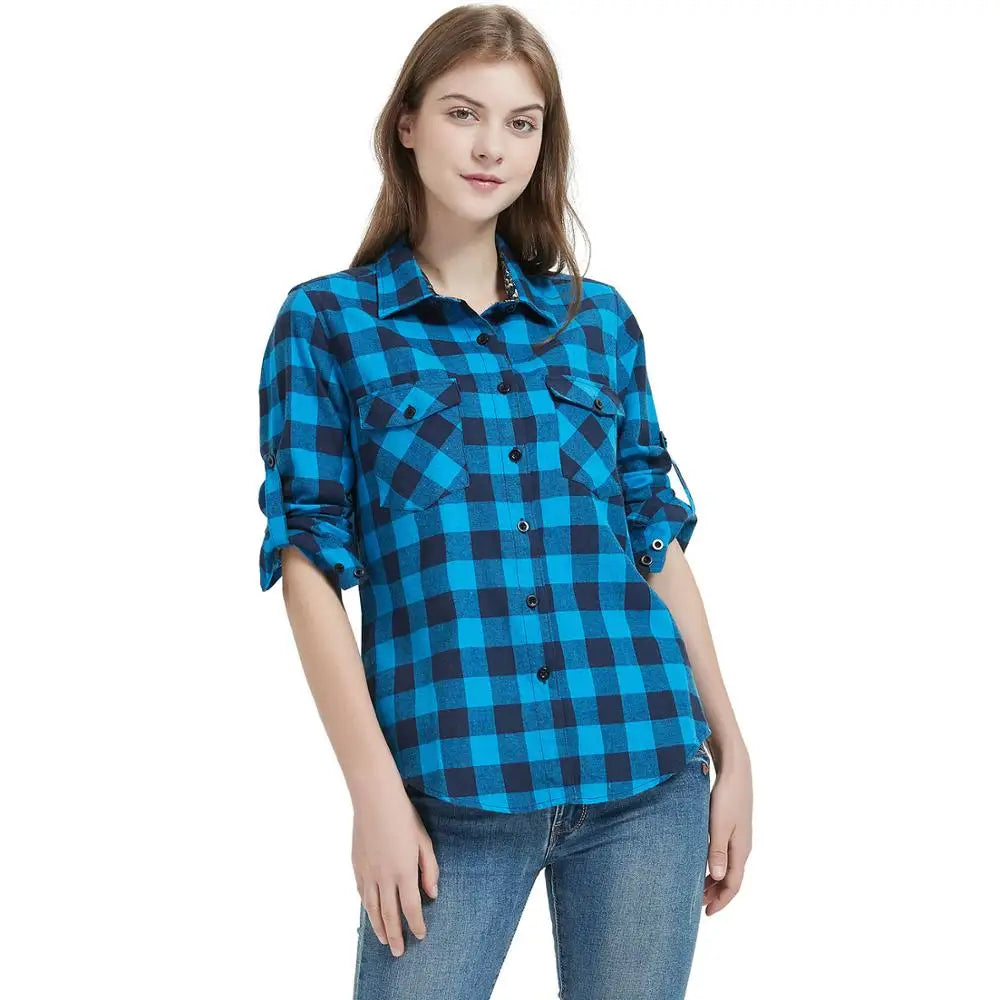 qgtao Women Tops Collared Button Down shirts Ladies Blouses Roll up Long Sleeve Western Tartan Plaid Flannel Shirt Hot Sale plus size
