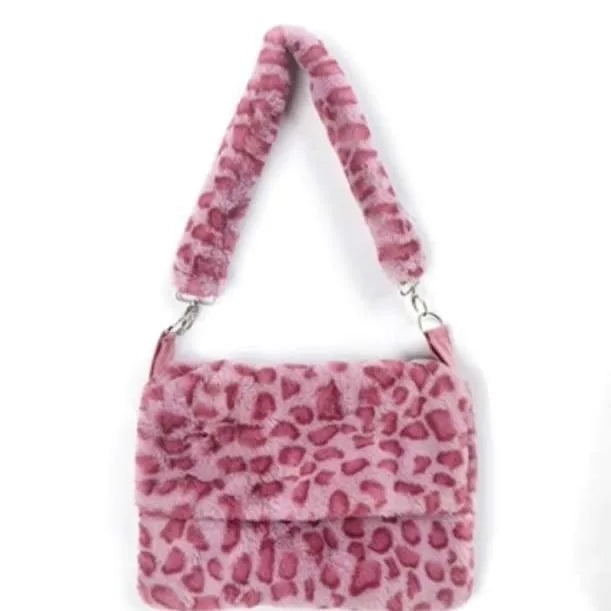 qgtao Lovely Pink Leopard Print Girls Furry Handbags Small Tote Soft Plush Women Large Shoulder Bag Fashion Ladies Crossbody Bags