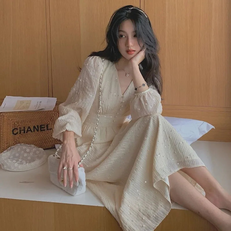 qgtao Elegant Vintage Dress Women Sequin Long Sleeve Designer Party Midi Dress Casual Slim Korean Dress Women's Clothing Autumn