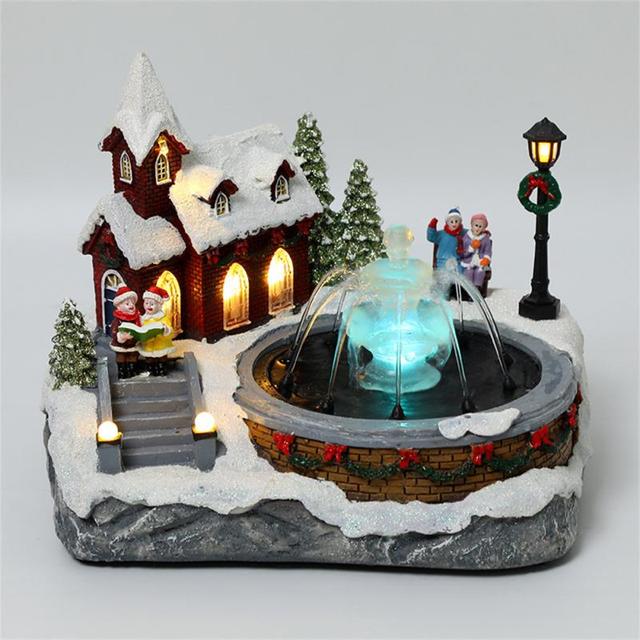 Christmas Village Ornaments Santa Claus Snow House Luminous LED Light Up Music Xmas Tree Water Fountain Xmas New Year Home Decor