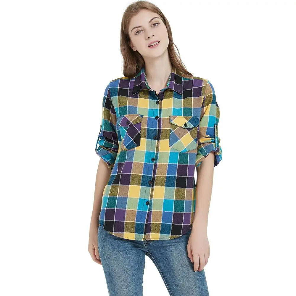 qgtao Women Tops Collared Button Down shirts Ladies Blouses Roll up Long Sleeve Western Tartan Plaid Flannel Shirt Hot Sale plus size