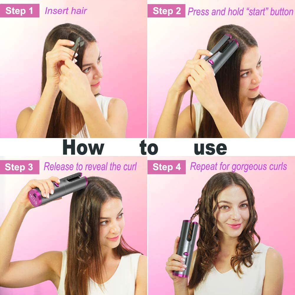 Cordless Hair Curler,Automatic Curling Iron,Auto Hair Curlers with LED Display Adjustable Temperature & Time,Portable Rechargeab