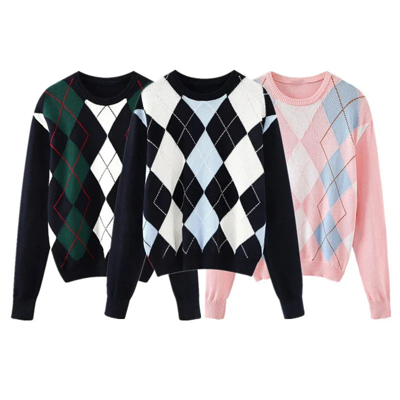 Sweet Girls Vintage Knitted Argyle Sweaters 2024 Early Autumn Fashion Ladies Pullovers Cute Women Chic Sweater Streetwear