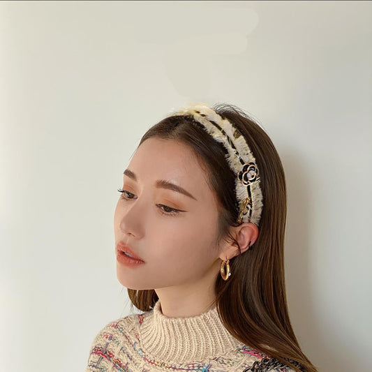 Fleece Camellia Vintage Flower Pearl 5 Tassel Hair Scarf Band Hairband for Women Girl Korea Headbands Fashion Accessorie