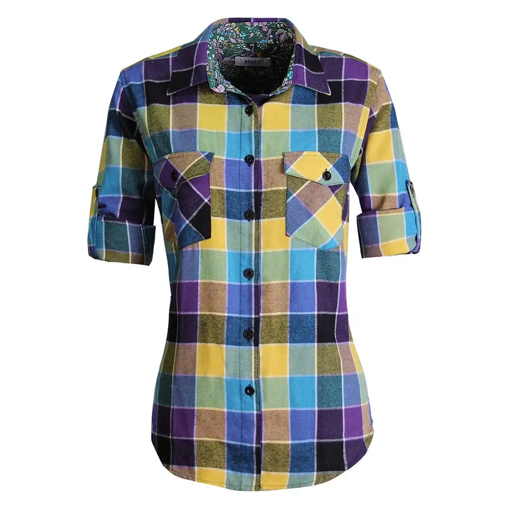 qgtao Women Tops Collared Button Down shirts Ladies Blouses Roll up Long Sleeve Western Tartan Plaid Flannel Shirt Hot Sale plus size