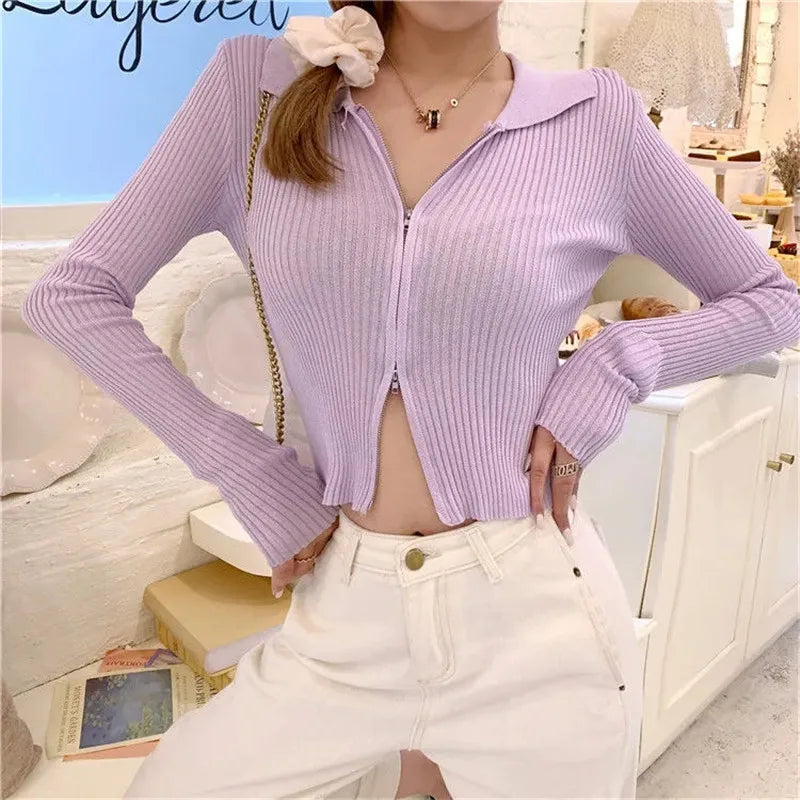 Sexy Double Zipper Cardigan Women Autumn Long Sleeve Stretch Ribbed Knitted Sweater Female White Jumper Blusa De Frio Feminina