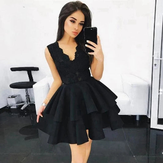 qgtao 2024 Sexy V Neck Black Prom Dresses Formal Party Short Prom Dresses Ruffles Evening Vestidos De Gala Women Graduation Gowns