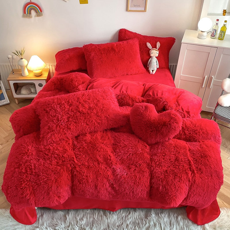 Yeknu - Super Shaggy Coral Fleece Warm Cozy Princess Bedding Set Mink Velvet Quilt/Duvet Cover Set Bed Comforter Blanket Pillowcases