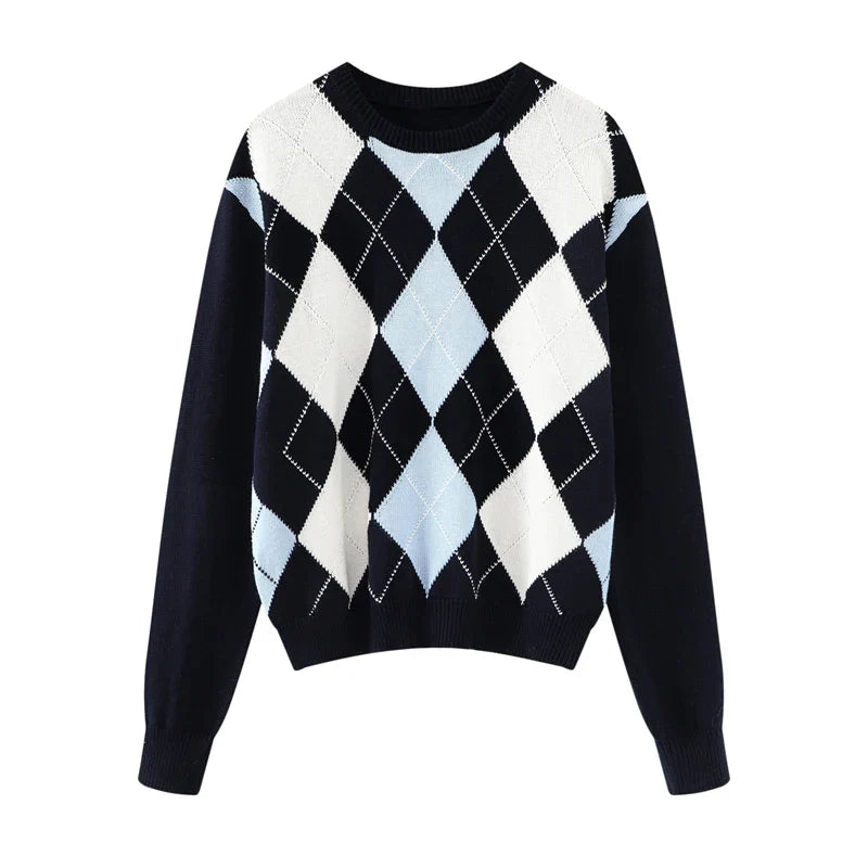 Sweet Girls Vintage Knitted Argyle Sweaters 2024 Early Autumn Fashion Ladies Pullovers Cute Women Chic Sweater Streetwear
