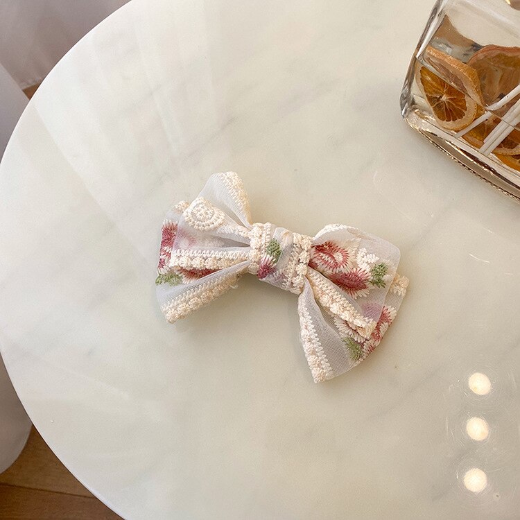 Rose Lace Bow Hairpin Korean Ribbon Spring Barrette Hair Clips Embroidery Flower Fabric Hair Bows Casual Girls Hair Accessories