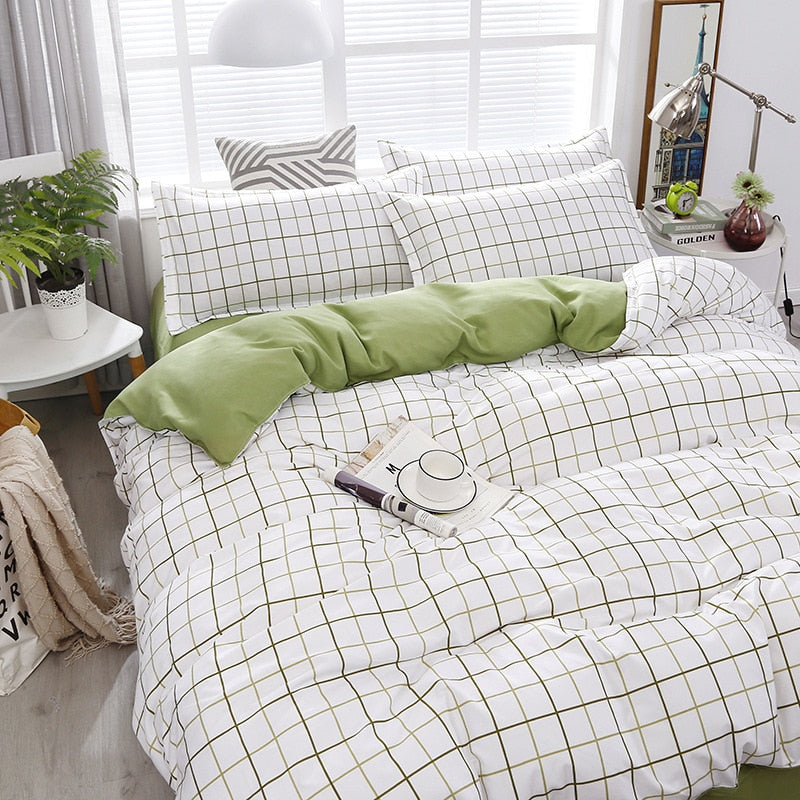 Yeknu Fashion Bedding Set White Green Double Bed Linens Nordic Duvet Cover Pillowcase Queen Size Flat Sheet Classic Grid Kids Winter