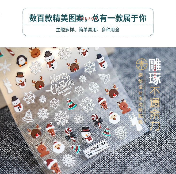5D Christmas SnowFlake Snowman Nails Art Sticker Pro Frosted Thin Transparent Embossed New Year Nail Art Design Nail Stickers
