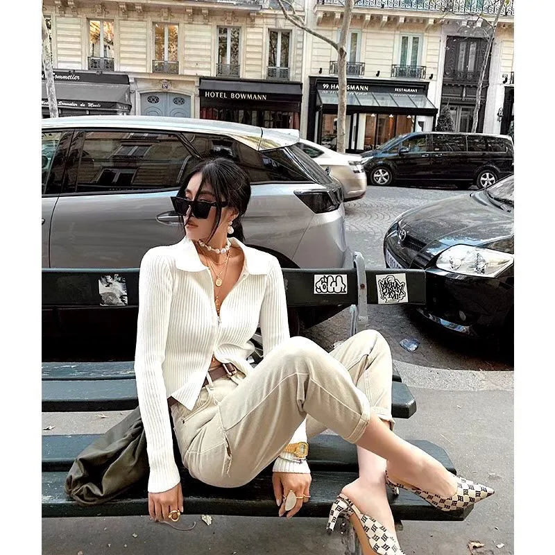 Sexy Double Zipper Cardigan Women Autumn Long Sleeve Stretch Ribbed Knitted Sweater Female White Jumper Blusa De Frio Feminina