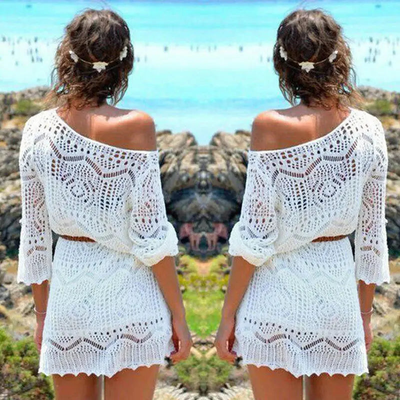 qgtao New Sexy Women Lace Crochet Bikini Beach Boho Dress Hollow Out Loose Dresses Three Quarter Sleeve Beachwear Mini Dress