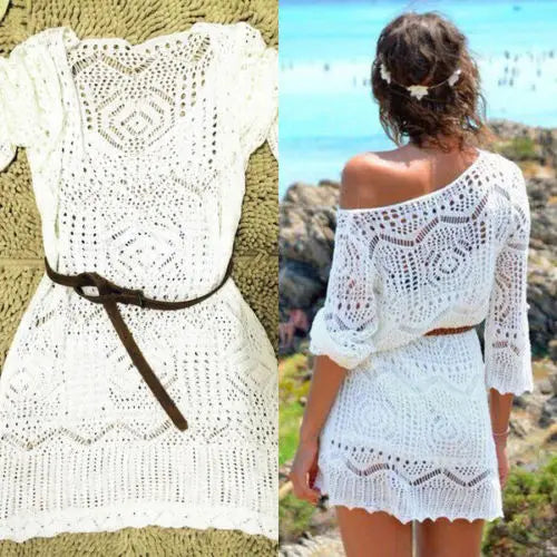 qgtao New Sexy Women Lace Crochet Bikini Beach Boho Dress Hollow Out Loose Dresses Three Quarter Sleeve Beachwear Mini Dress