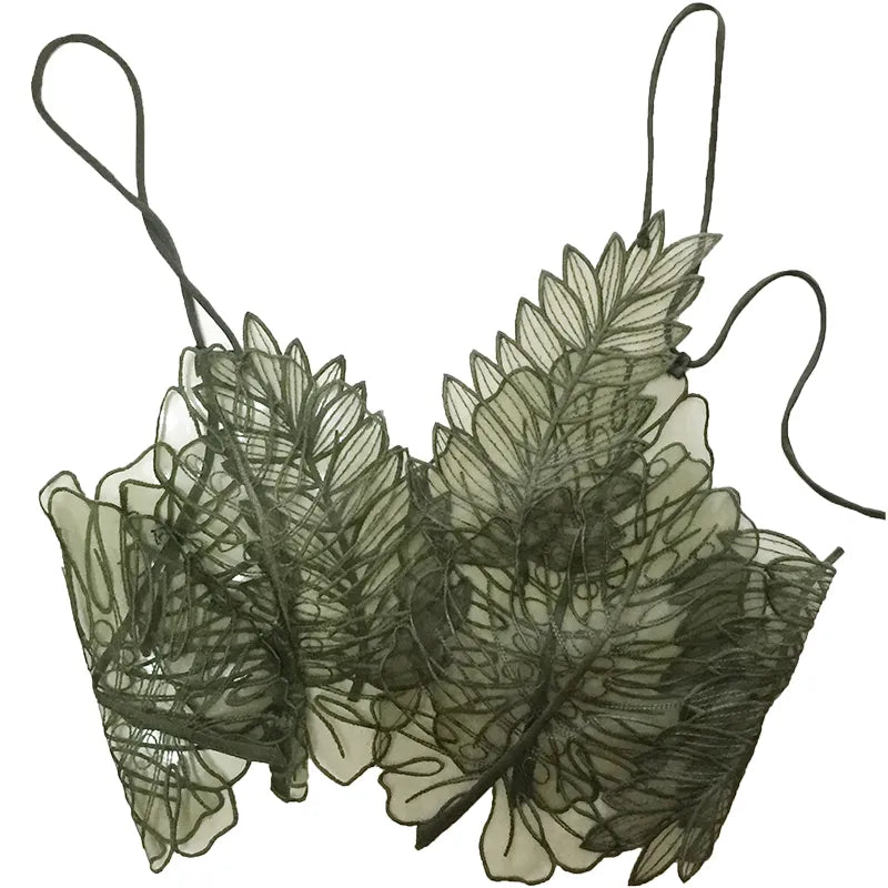 Women Tank Top Green Transparent Outfit Camisole Sexy Embroidered Tanks Organza Leaves Sexy Camis Crop Top