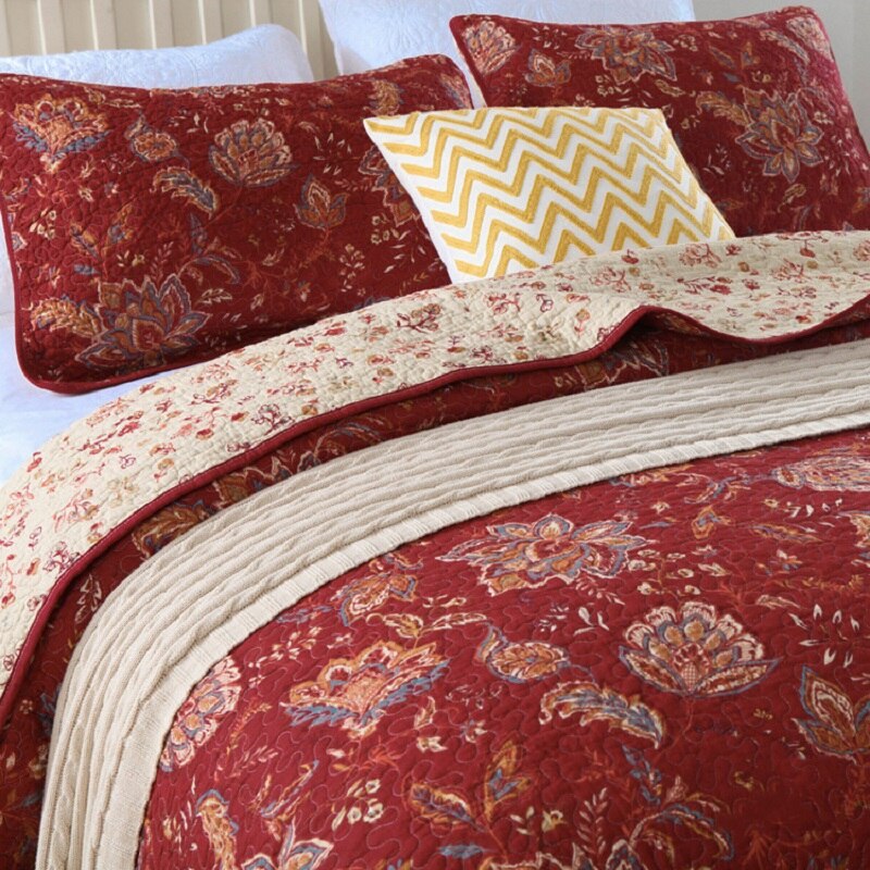 Yeknu Cotton Quilt Set 3-Piece Bedspread on the Bed with Shams Red Printed Coverlet King Queen Size Summer Blanket for Bed