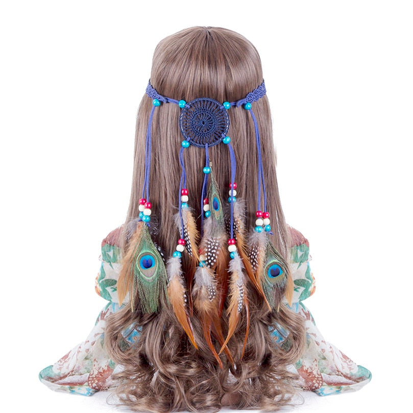 Fashion Boho Style Feather Headband Hairpiece Beads Feather Headdress Handmade Girls Hair Accessories High Quality
