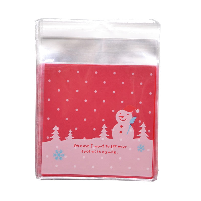 50Pcs 10x10cm Christmas Candy Cookie Gift Bags Plastic Self-adhesive Biscuits Snack Packaging Bags Xmas Party Decoration Favors