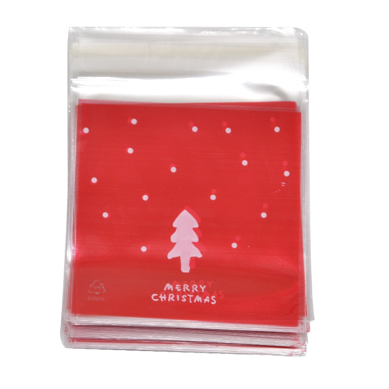 50Pcs 10x10cm Christmas Candy Cookie Gift Bags Plastic Self-adhesive Biscuits Snack Packaging Bags Xmas Party Decoration Favors