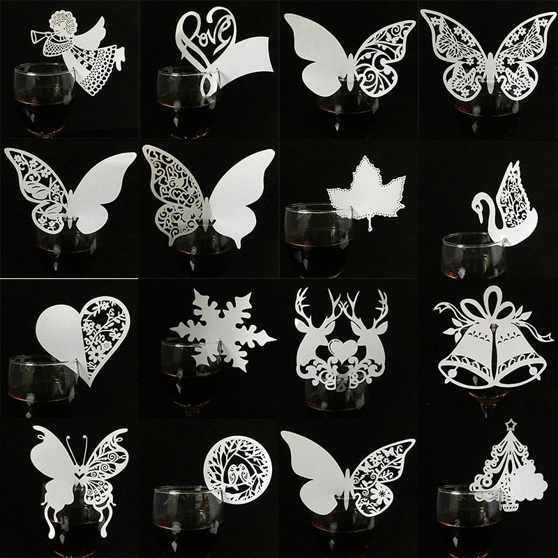50pcs/lot White Butterfly Heart Laser Cut Table Mark Wine Glass Name Place Cards Wedding Birthday Baby Shower Christmas Supplies