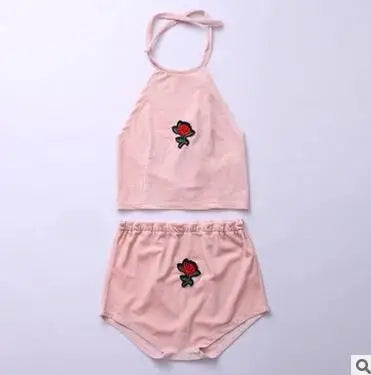 4 Colors Sexy Women Rose Embroidery Velvet 2 Two piece set 2024 New Halter Tank Camis Crop Top with Brief Panties Sets Outfit