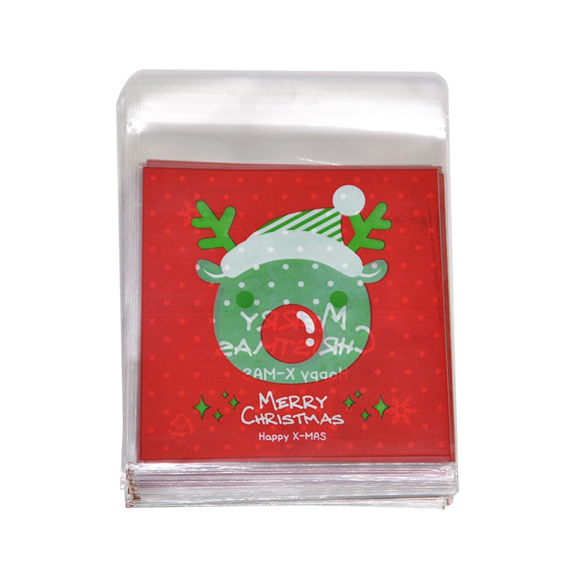 50Pcs 10x10cm Christmas Candy Cookie Gift Bags Plastic Self-adhesive Biscuits Snack Packaging Bags Xmas Party Decoration Favors
