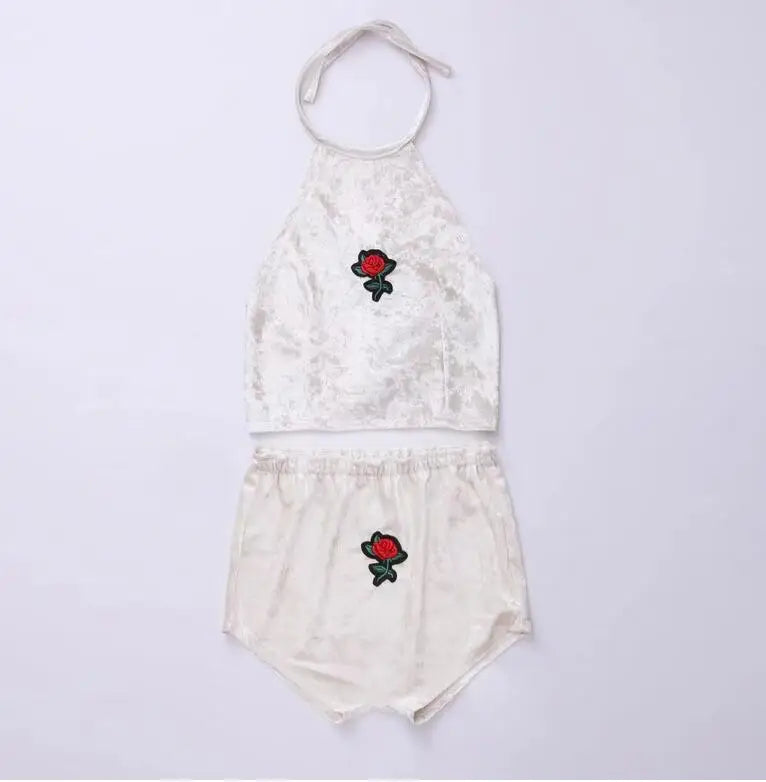 4 Colors Sexy Women Rose Embroidery Velvet 2 Two piece set 2024 New Halter Tank Camis Crop Top with Brief Panties Sets Outfit