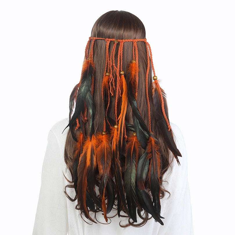 Fashion Boho Style Feather Headband Hairpiece Beads Feather Headdress Handmade Girls Hair Accessories High Quality