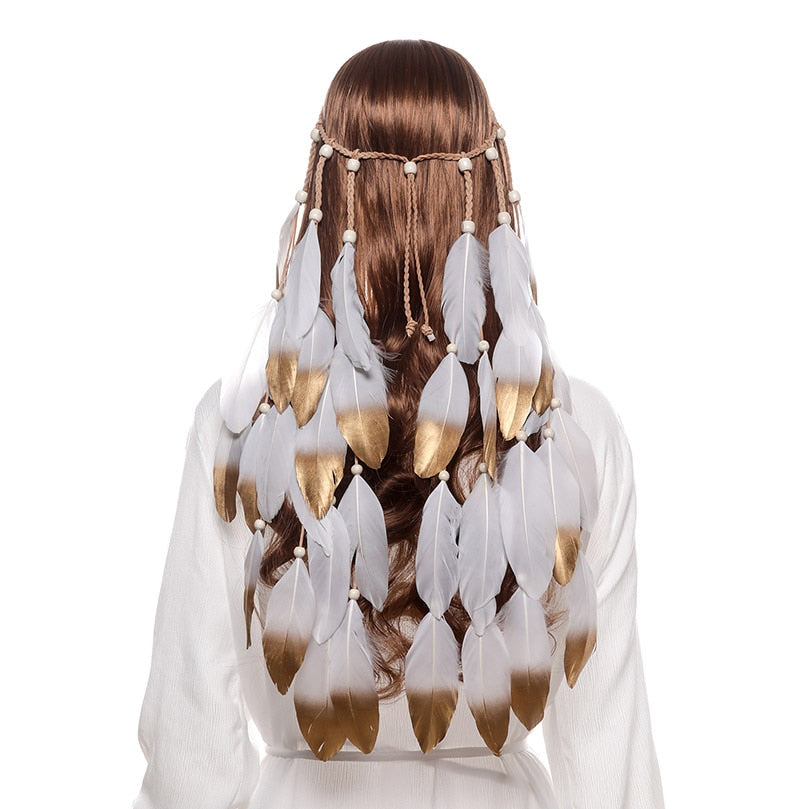 Fashion Boho Style Feather Headband Hairpiece Beads Feather Headdress Handmade Girls Hair Accessories High Quality