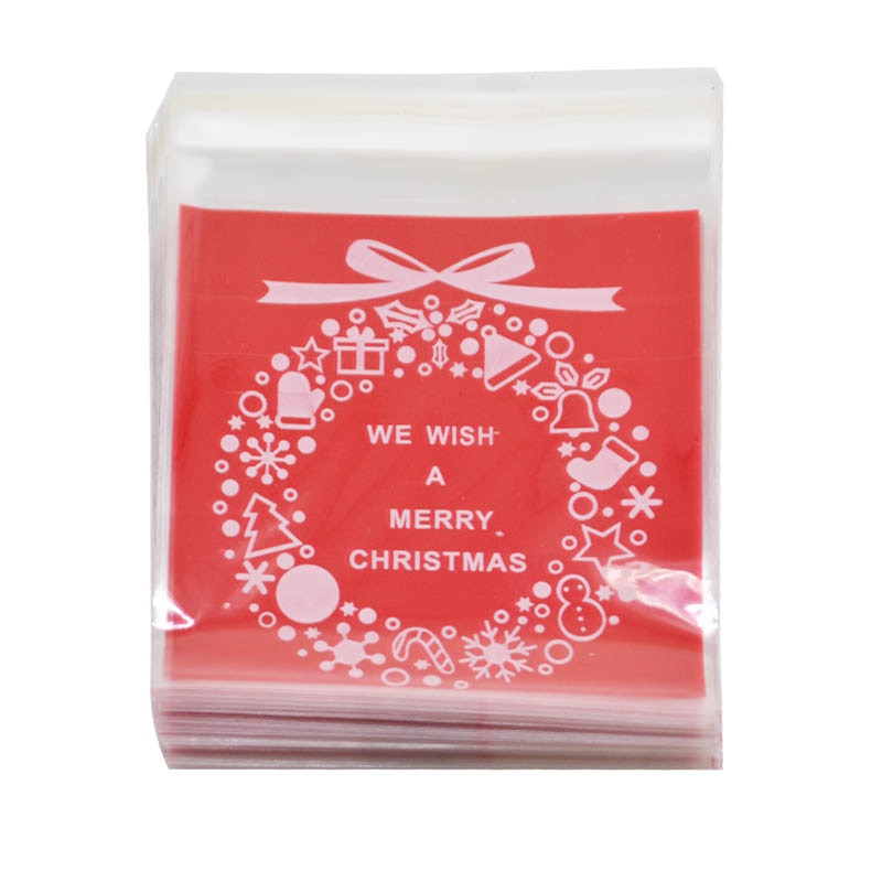 50Pcs 10x10cm Christmas Candy Cookie Gift Bags Plastic Self-adhesive Biscuits Snack Packaging Bags Xmas Party Decoration Favors