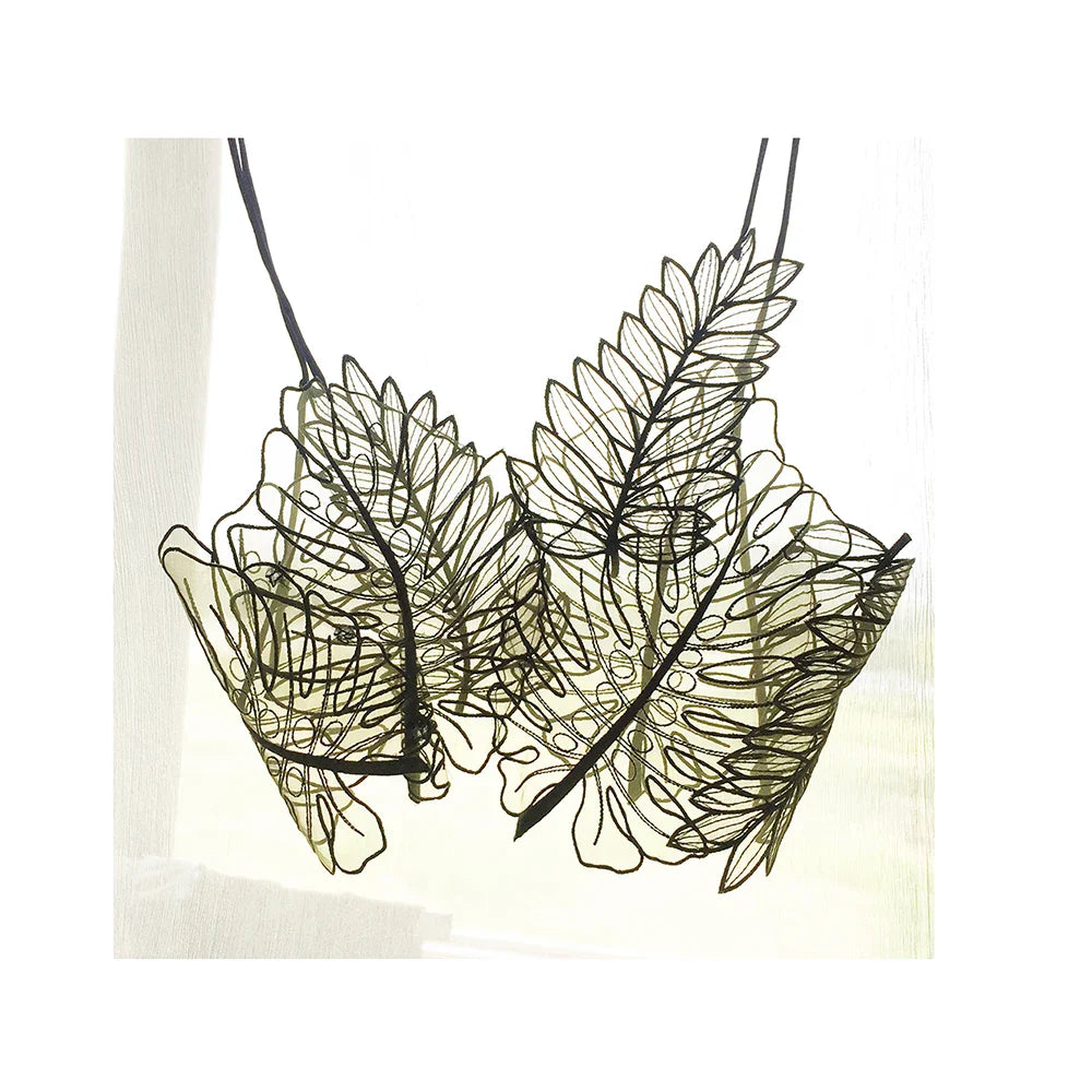 Women Tank Top Green Transparent Outfit Camisole Sexy Embroidered Tanks Organza Leaves Sexy Camis Crop Top
