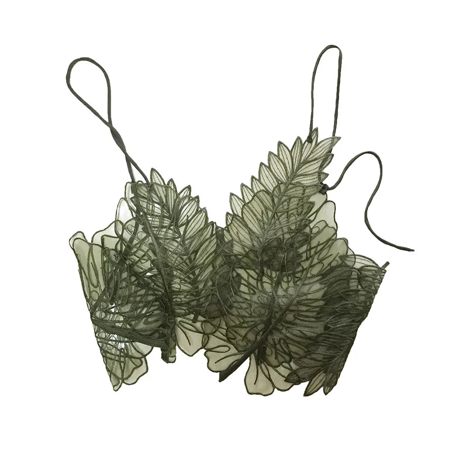 Women Tank Top Green Transparent Outfit Camisole Sexy Embroidered Tanks Organza Leaves Sexy Camis Crop Top