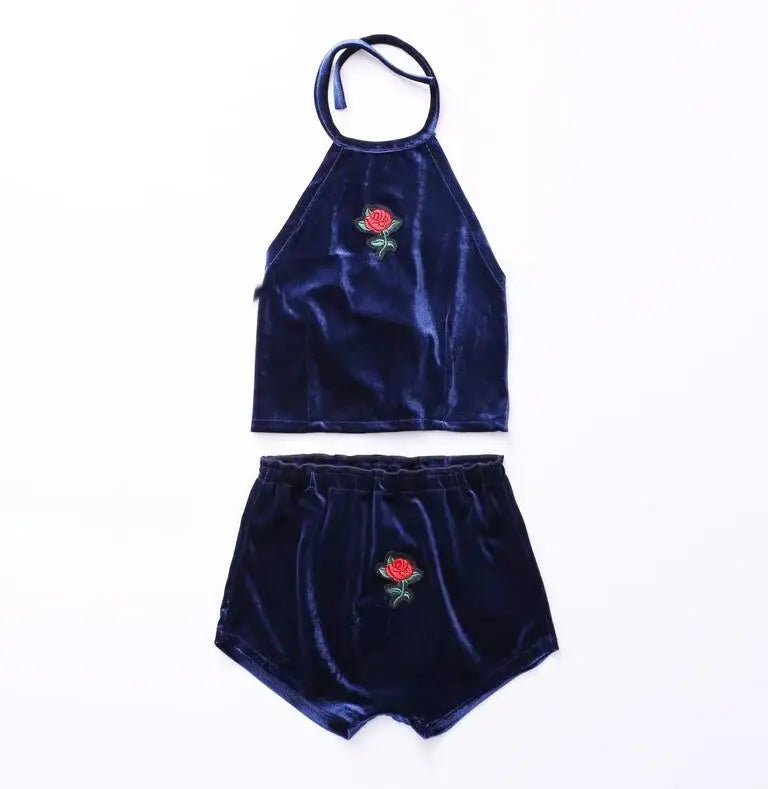 4 Colors Sexy Women Rose Embroidery Velvet 2 Two piece set 2024 New Halter Tank Camis Crop Top with Brief Panties Sets Outfit