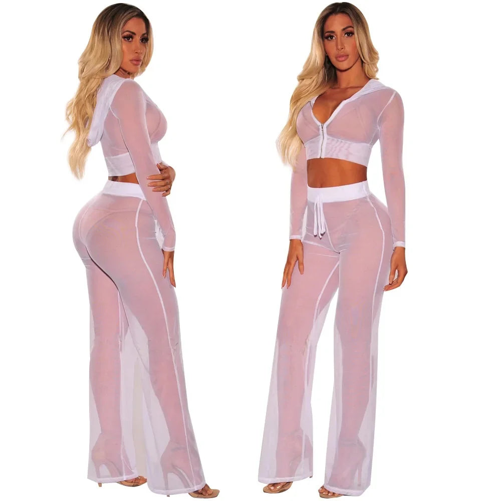 Sexy crop top two piece set tracksuit women gauze Fashion Hoodie Pant cropped tops