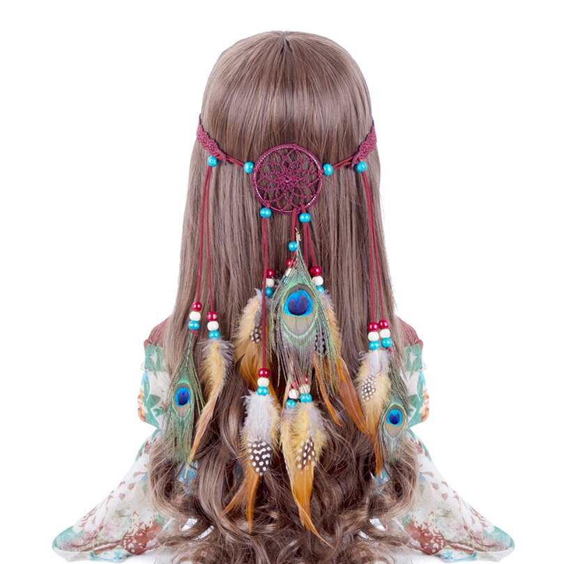 Fashion Boho Style Feather Headband Hairpiece Beads Feather Headdress Handmade Girls Hair Accessories High Quality
