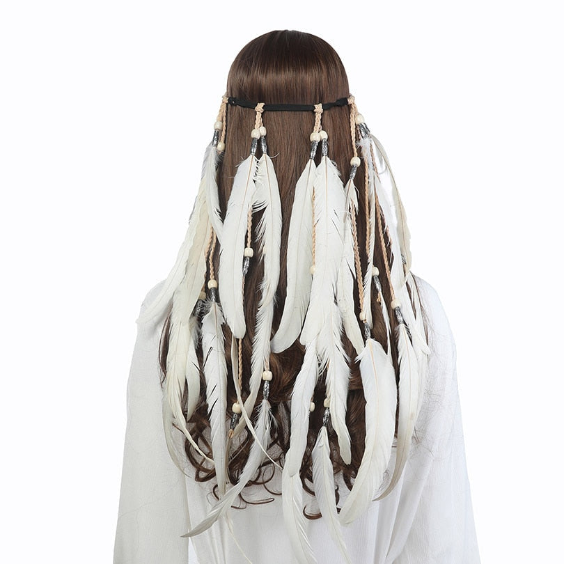 Fashion Boho Style Feather Headband Hairpiece Beads Feather Headdress Handmade Girls Hair Accessories High Quality