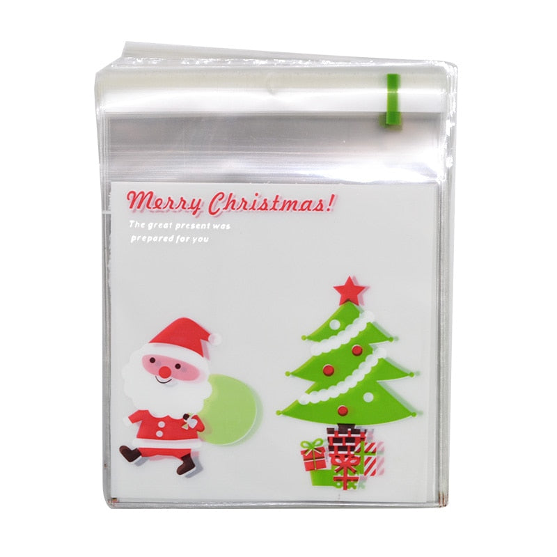 50Pcs 10x10cm Christmas Candy Cookie Gift Bags Plastic Self-adhesive Biscuits Snack Packaging Bags Xmas Party Decoration Favors
