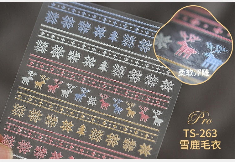 5D Christmas SnowFlake Snowman Nails Art Sticker Pro Frosted Thin Transparent Embossed New Year Nail Art Design Nail Stickers
