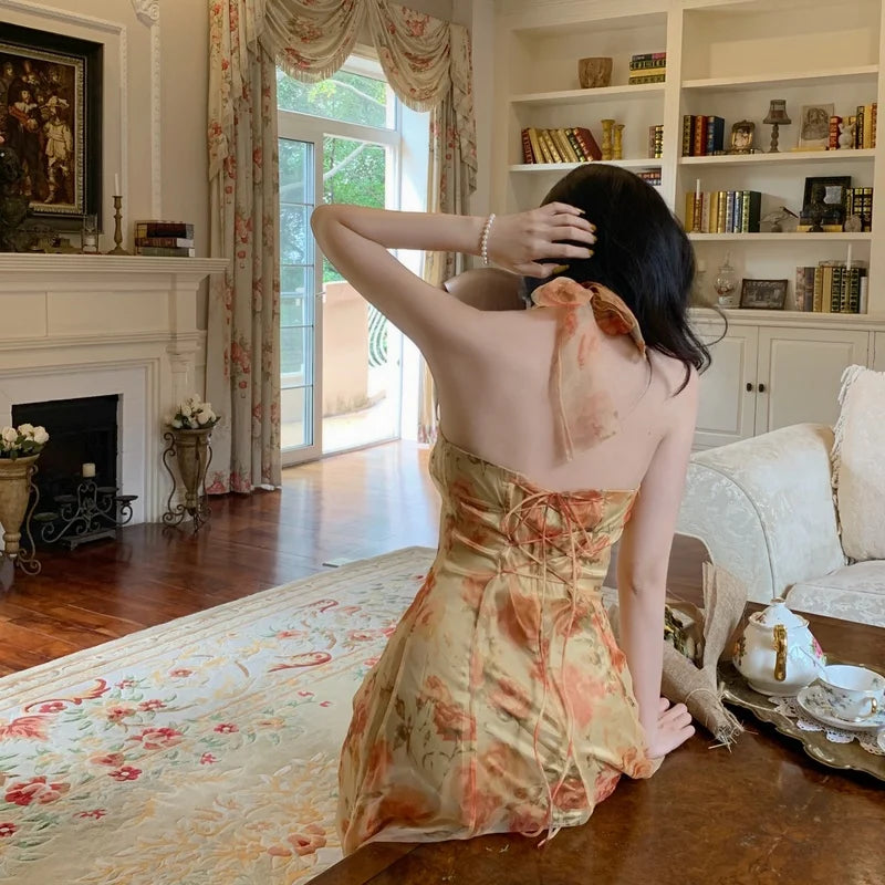 qgtao French Vintage Dress Women Elegant Backless Floral Halter Neck Midi Dress Summer Chiffon Holiday Beach Dresses for Women 2024