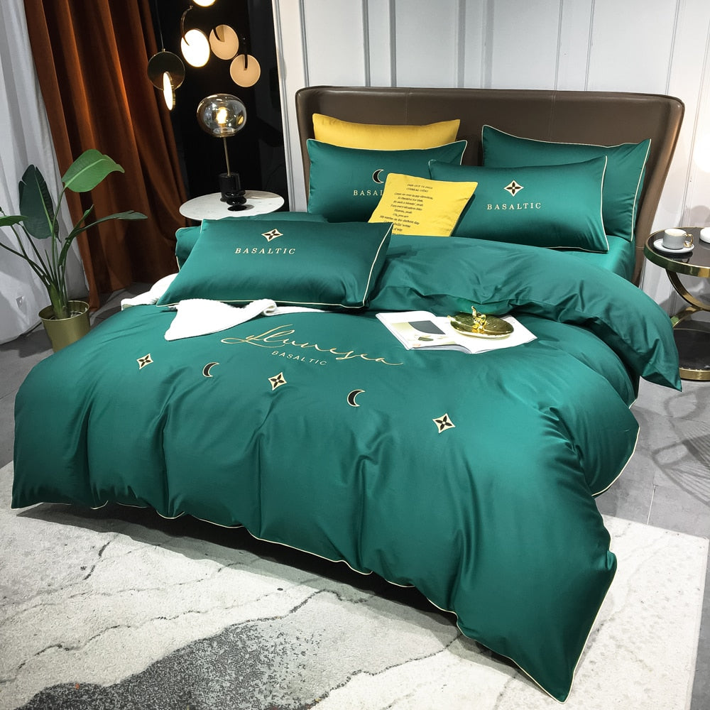 Yeknu Four-piece bedding light luxury cotton double household bed sheet quilt cover embroidered little bee fashion bedding green